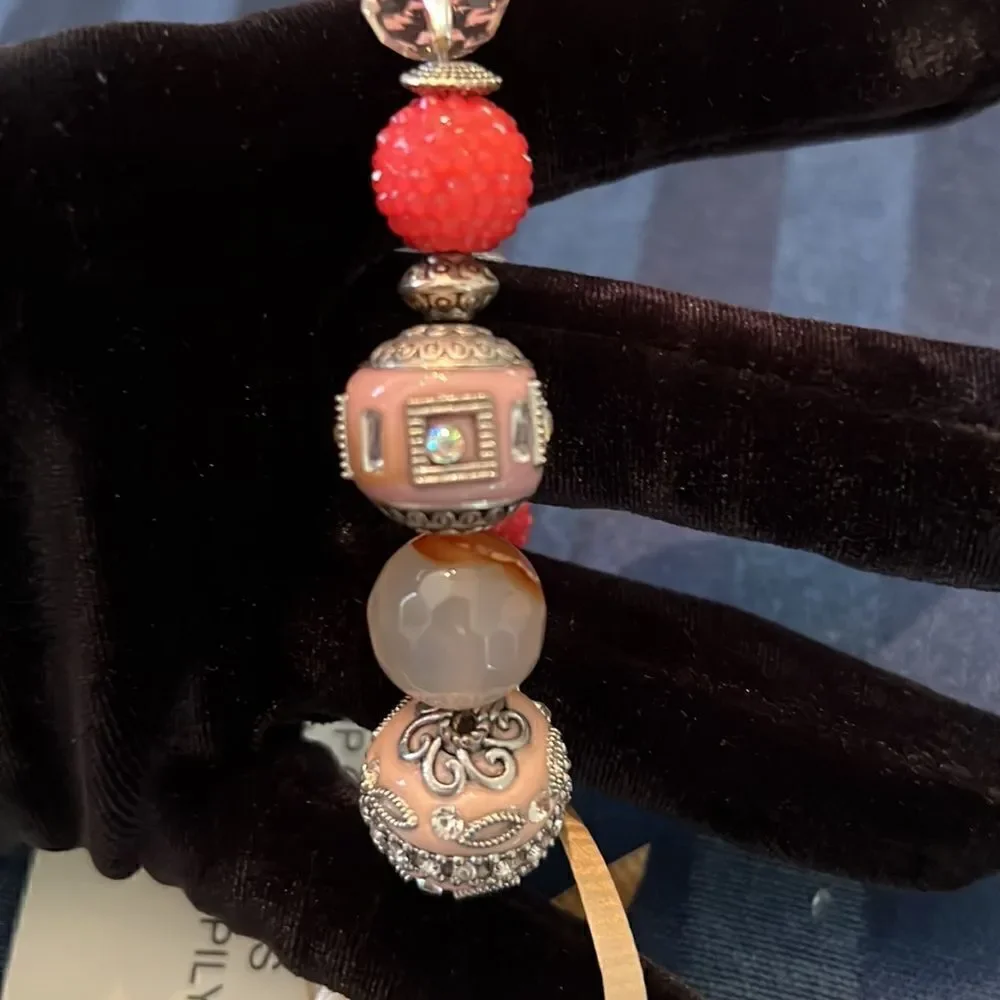 NWT Angelas Designs handmade stretchy Pink silver beaded bracelet